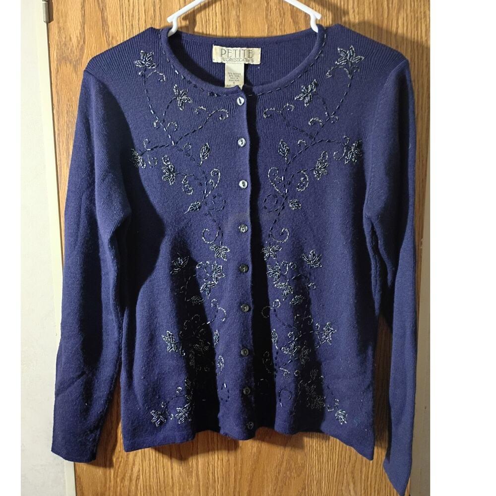 Vintage Petite Sophisticate Navy Beaded Wool Cardigan Small 90s Hong Kong SP